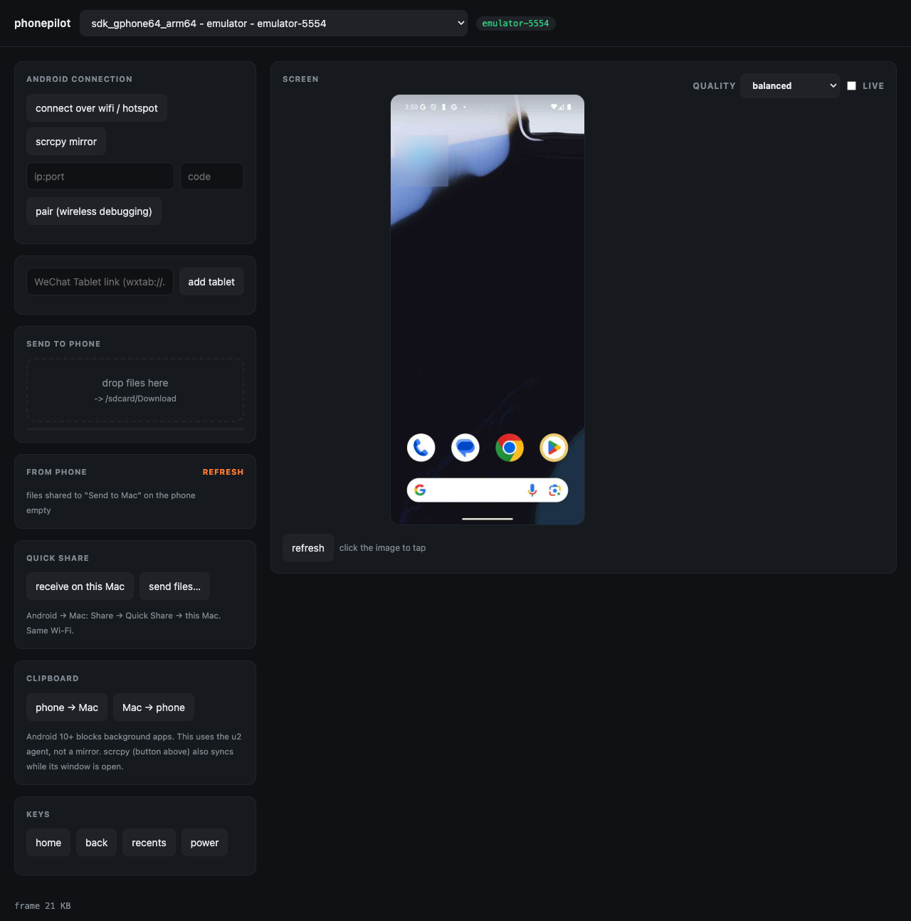 PhonePilot browser panel driving an Android emulator